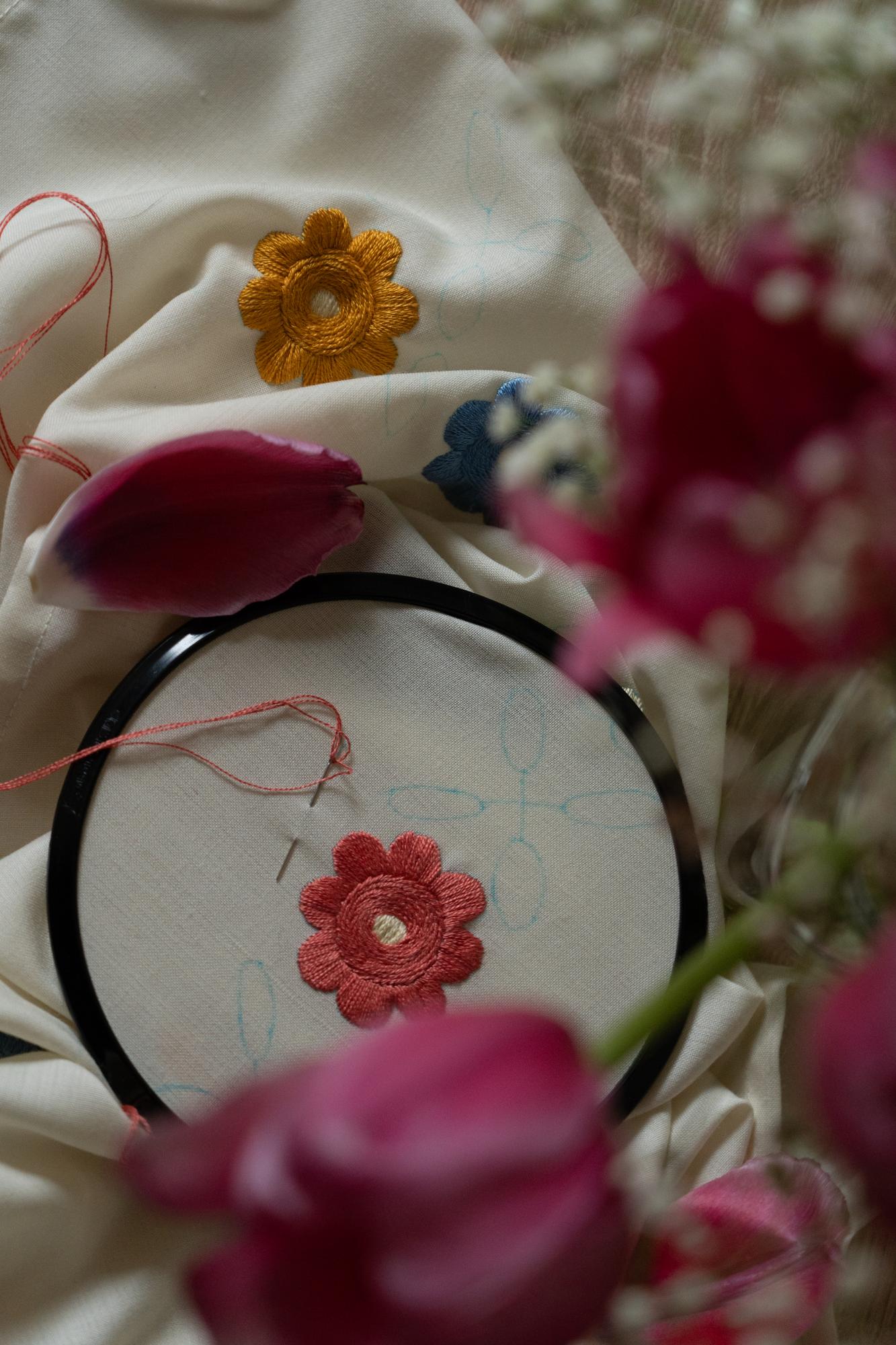 closeup of embroidered thread and hoop